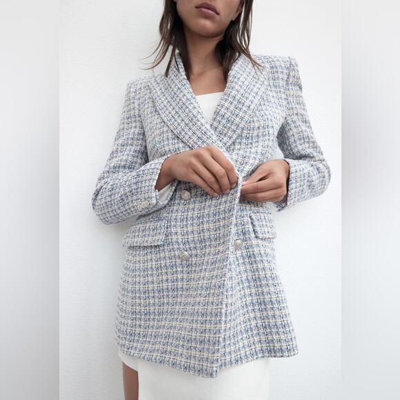 Zara Blue White Textured Tweed Double Breasted Blazer. Blogger fave. Like New - Picture 4 of 14